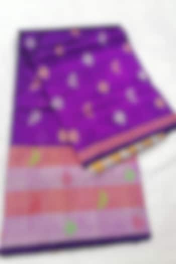 Purple Handwoven Gold Zari Saree With Attached Blouse  by Karunakar