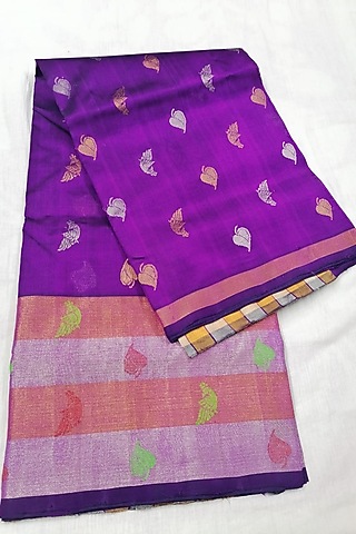 Purple Handwoven Gold Zari Saree With Attached Blouse  by Karunakar
