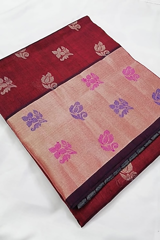 Maroon Handwoven Gold Zari Saree With Attached Blouse  by Karunakar