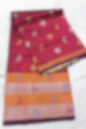 Red Handwoven Zari Saree With Attached Blouse  by Karunakar