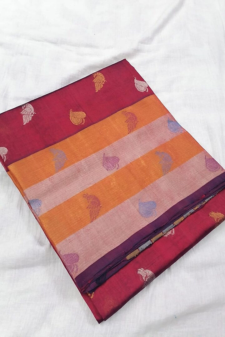 Red Handwoven Zari Festive Saree With Attached Blouse by Karunakar at Pernia's Pop Up Shop