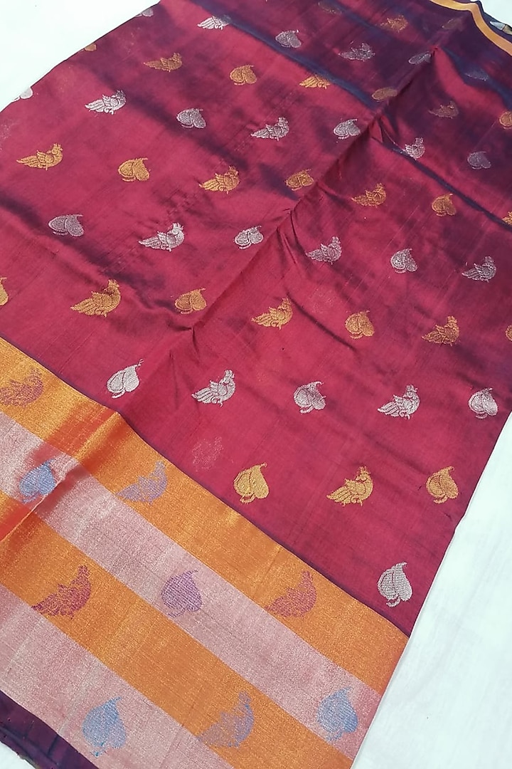 Red Handwoven Zari Festive Saree With Attached Blouse by Karunakar at Pernia's Pop Up Shop