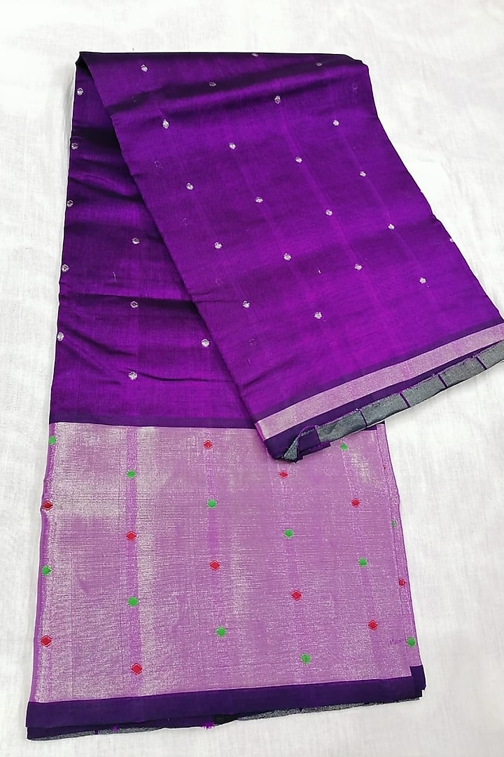 Purple & Gold Handwoven Saree With Attached Blouse  by Karunakar