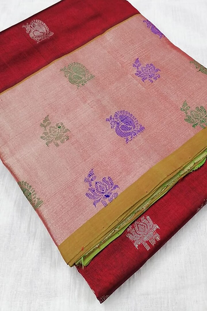 Burgundy Handwoven Gold Zari Festive Saree With Attached Blouse by Karunakar at Pernia's Pop Up Shop