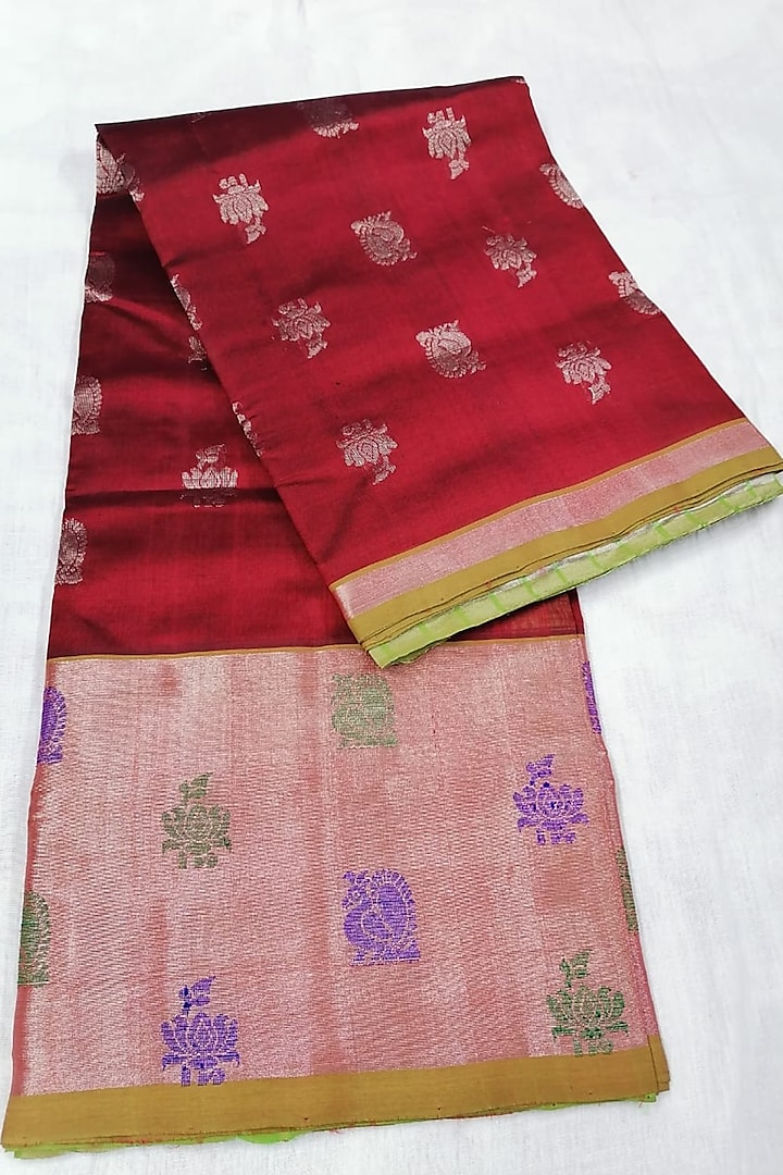 Burgundy Handwoven Gold Zari Saree With Attached Blouse  by Karunakar