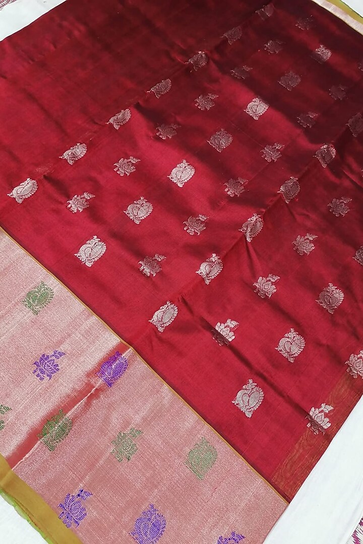 Burgundy Handwoven Gold Zari Festive Saree With Attached Blouse by Karunakar at Pernia's Pop Up Shop