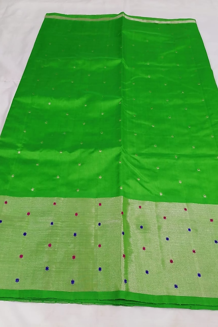 Green Handwoven Festive Saree With Attached Blouse by Karunakar at Pernia's Pop Up Shop