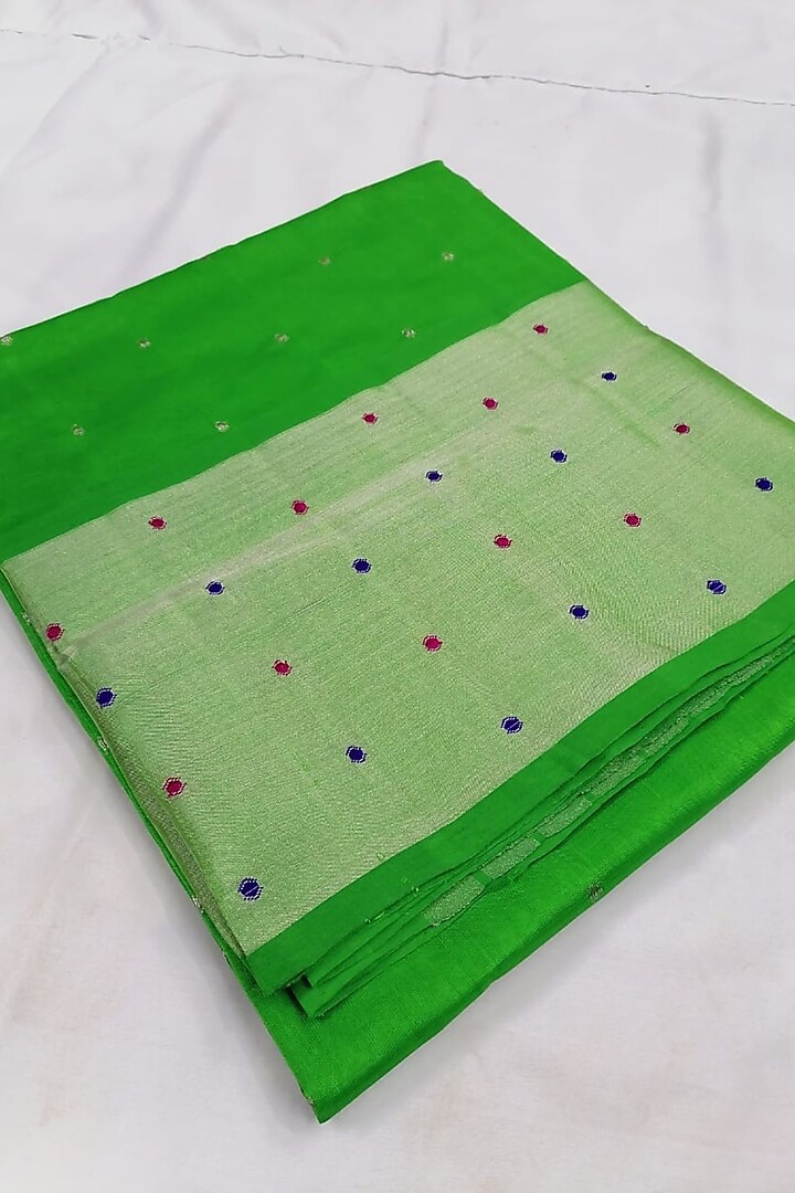 Green Handwoven Festive Saree With Attached Blouse by Karunakar at Pernia's Pop Up Shop
