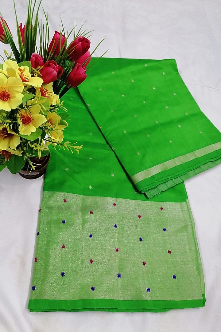 Green Handwoven Festive Saree With Attached Blouse by Karunakar at Pernia's Pop Up Shop