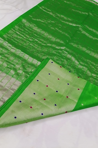 Green Handwoven Saree With Attached Blouse  by Karunakar