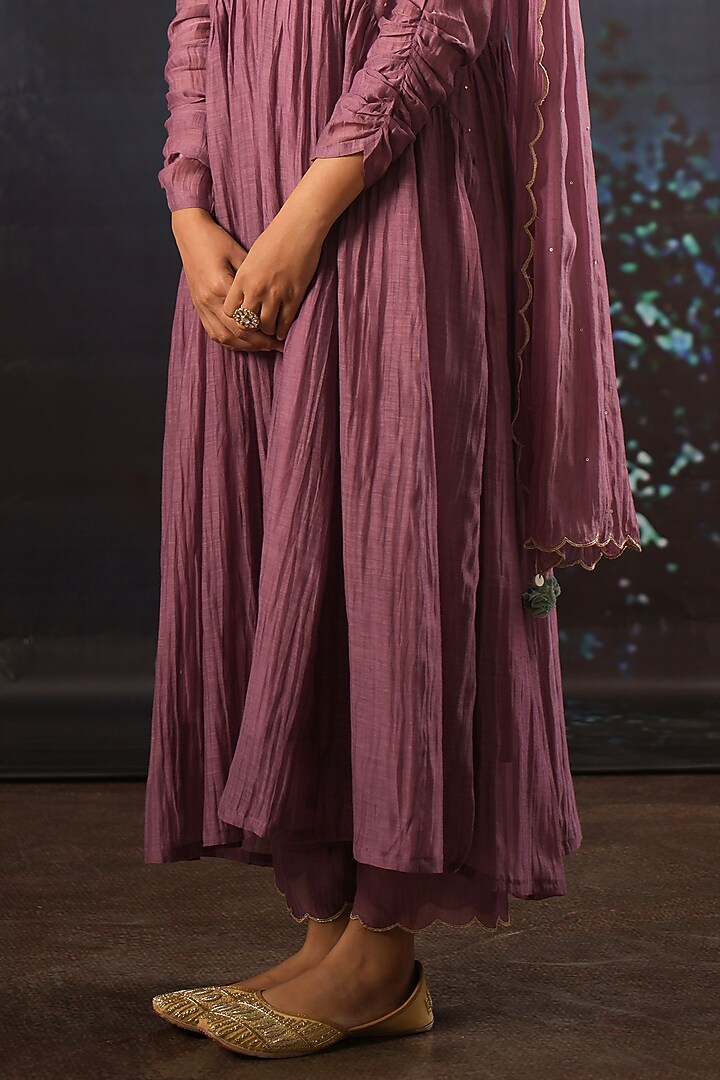 Wine Handwoven Chanderi Silk Embroidered Anarkali Set Design by Karnya ...