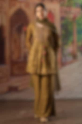 Olive Green Handwoven Tissue Silk Embroidered Kurta Set by Karnya at Pernia's Pop Up Shop