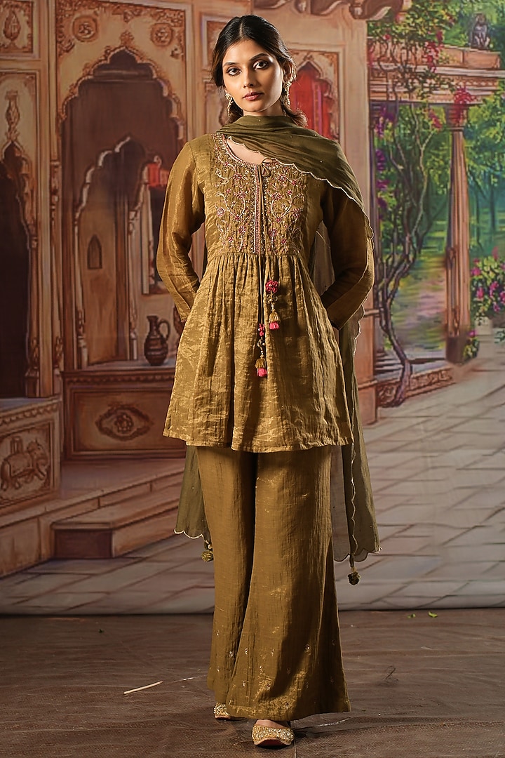 Olive Green Handwoven Tissue Silk Embroidered Kurta Set by Karnya at Pernia's Pop Up Shop