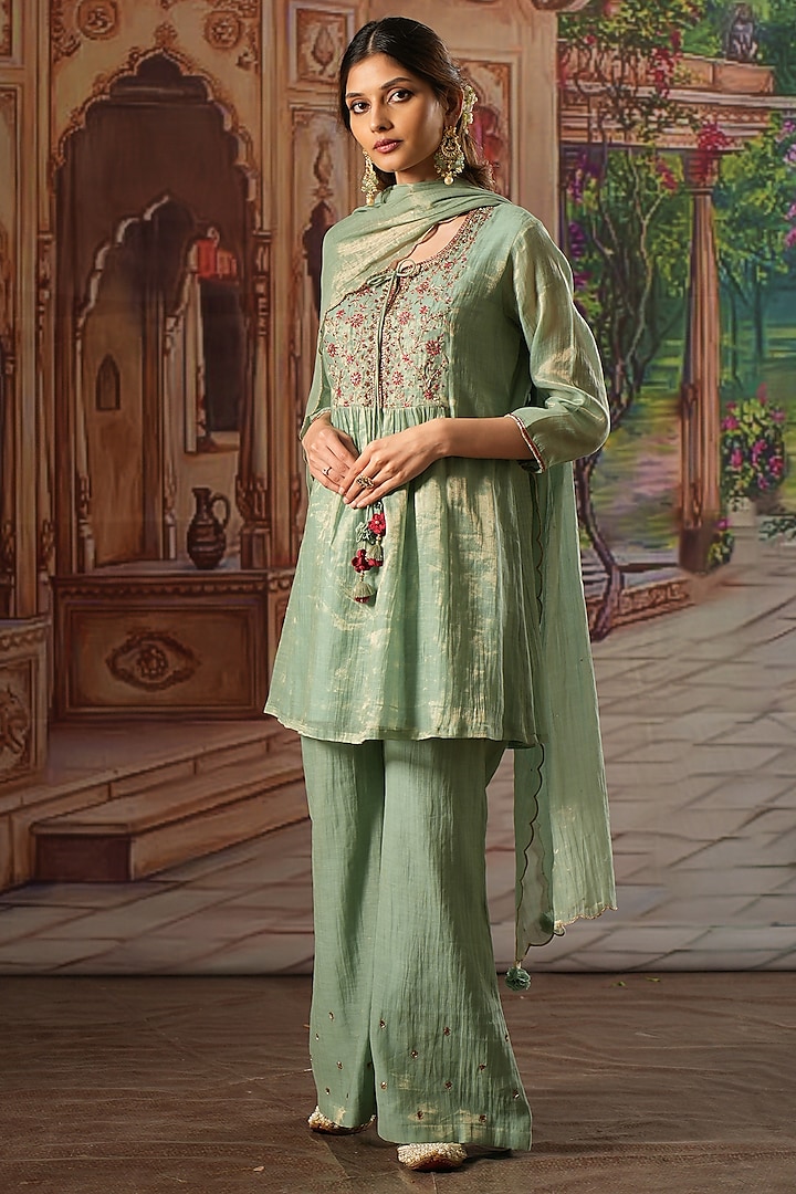 Aqua Handwoven Tissue Silk Embroidered Kurta Set by Karnya at Pernia's Pop Up Shop