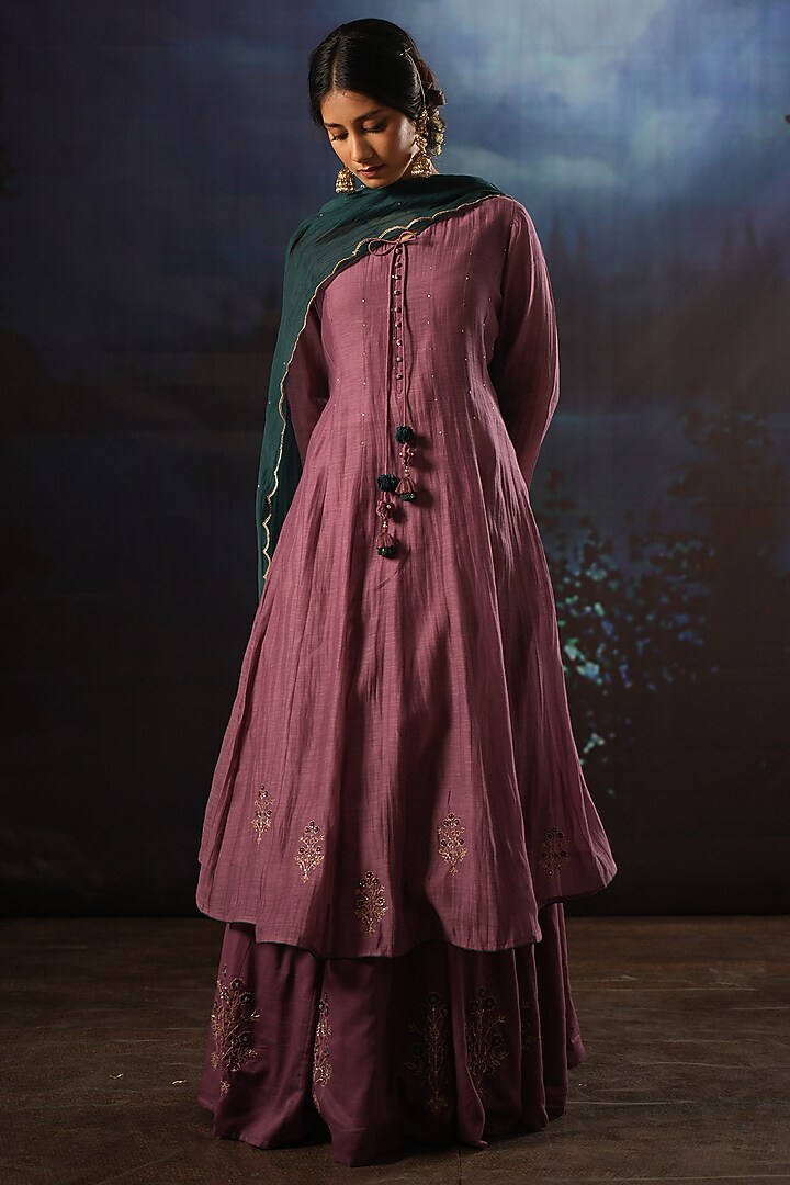 Wine Chanderi Silk Embroidered Party Wear Anarkali Set by Karnya at Pernia's Pop Up Shop