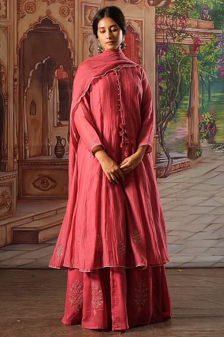 Fuchsia Chanderi Silk Embroidered Party Wear Anarkali Set by Karnya at Pernia's Pop Up Shop