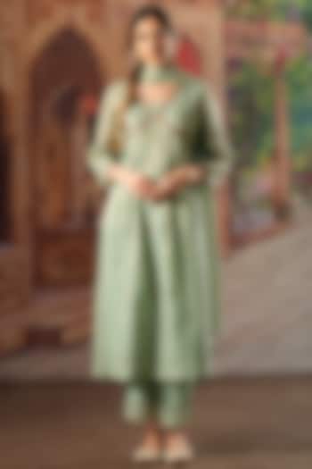 Aqua Handwoven Tissue Silk Embroidered Kurta Set by Karnya at Pernia's Pop Up Shop