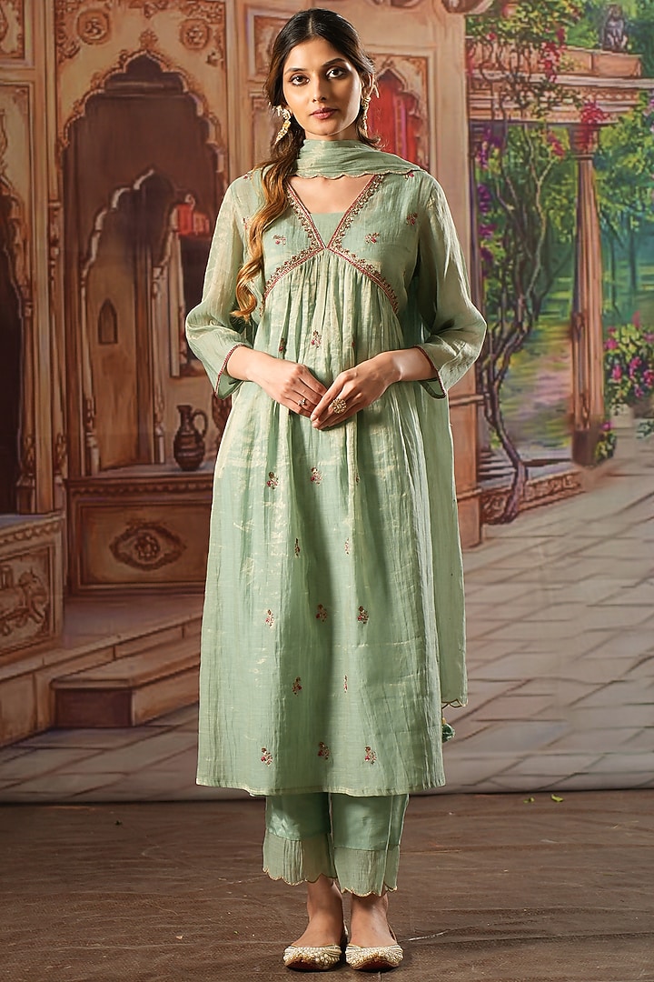 Aqua Handwoven Tissue Silk Embroidered Kurta Set by Karnya at Pernia's Pop Up Shop