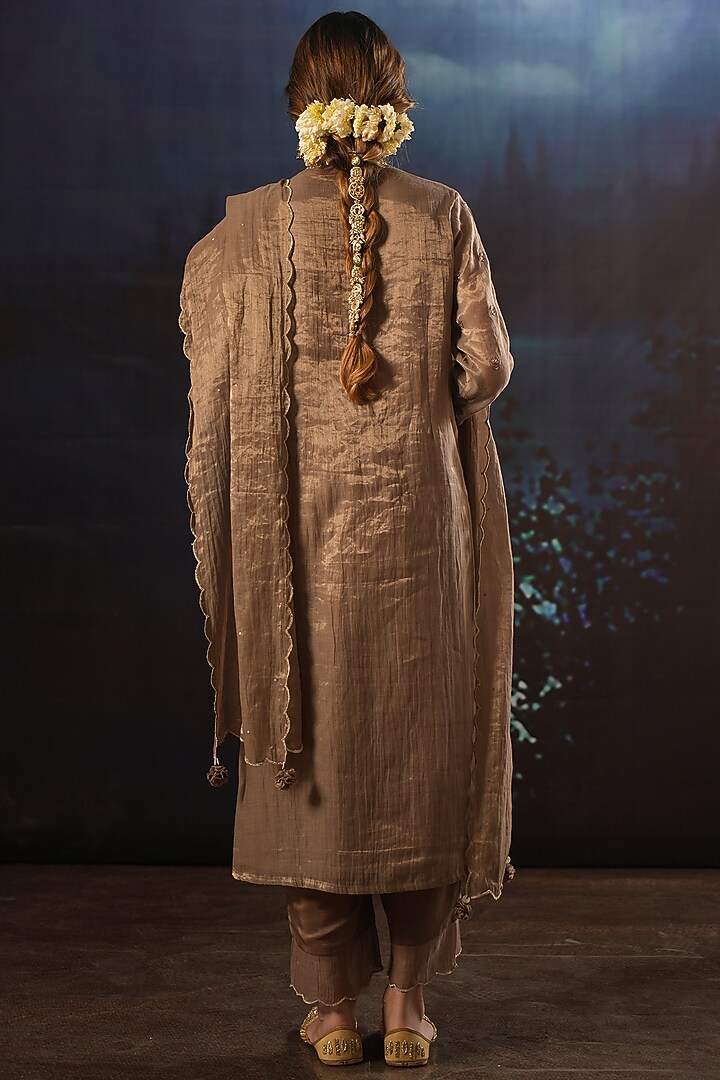 Mocha Handwoven Tissue Silk Embroidered Kurta Set by Karnya at Pernia's Pop Up Shop