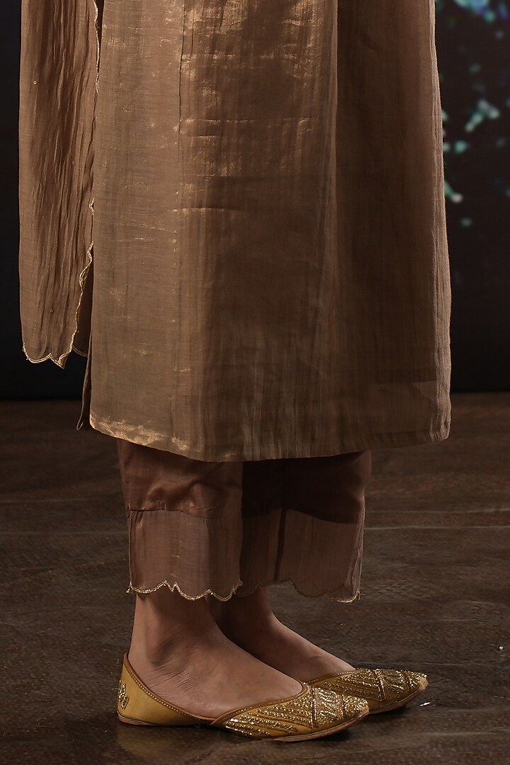 Mocha Handwoven Tissue Silk Embroidered Kurta Set by Karnya at Pernia's Pop Up Shop