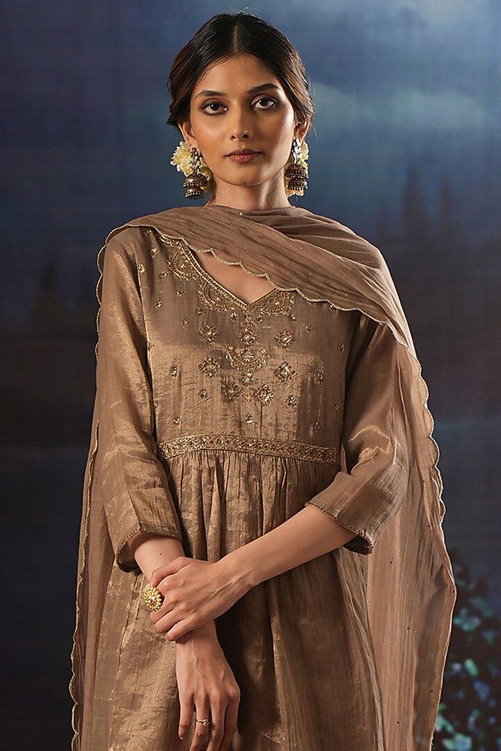 Mocha Handwoven Tissue Silk Embroidered Kurta Set by Karnya at Pernia's Pop Up Shop