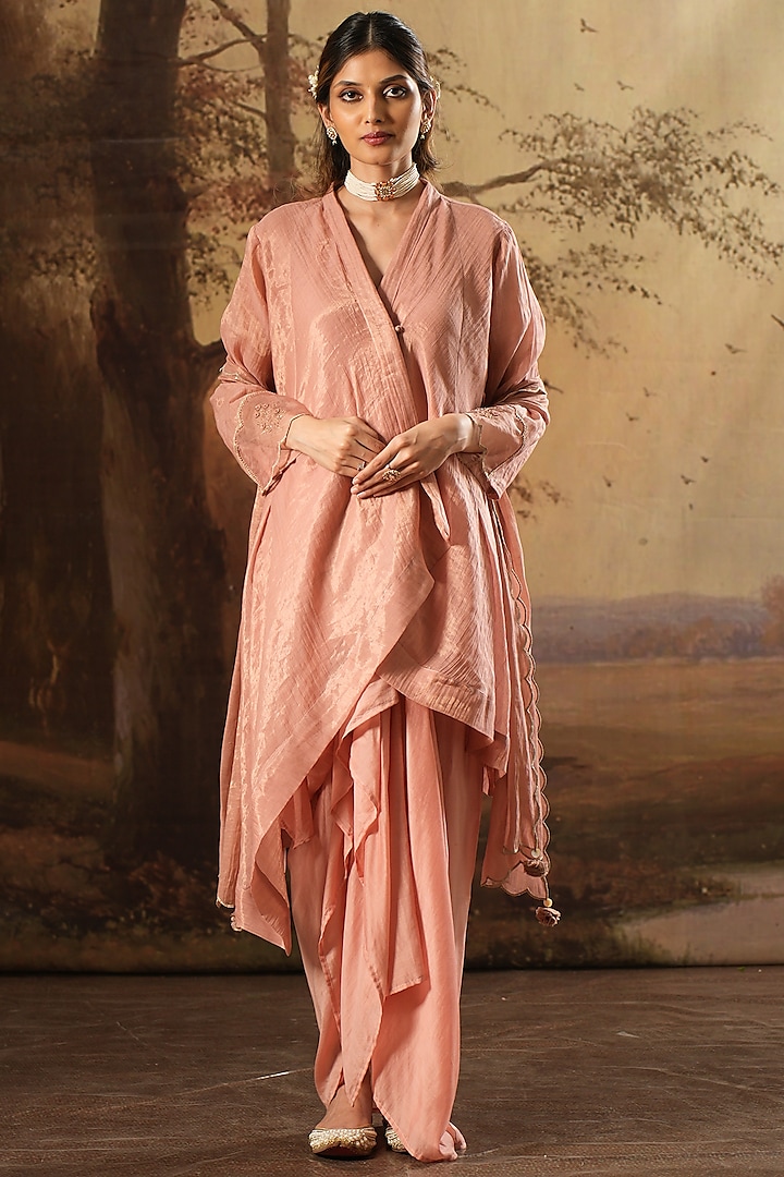 Blush Pink Handwoven Tissue Silk Embroidered Co-Ord Set by Karnya at Pernia's Pop Up Shop