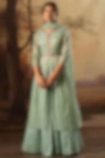 Aqua Handwoven Tissue Silk Embroidered Pleated Kurta Set by Karnya at Pernia's Pop Up Shop