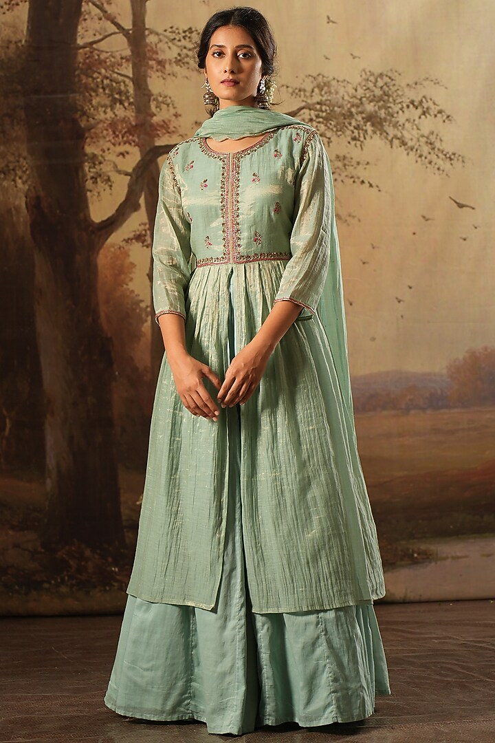Aqua Handwoven Tissue Silk Embroidered Pleated Kurta Set by Karnya at Pernia's Pop Up Shop