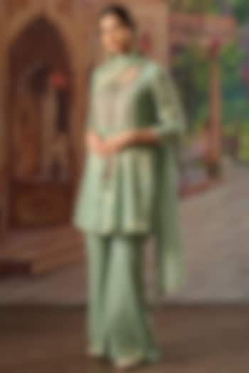 Aqua Handwoven Tissue Silk Embroidered Gathered Kurta Set by Karnya at Pernia's Pop Up Shop