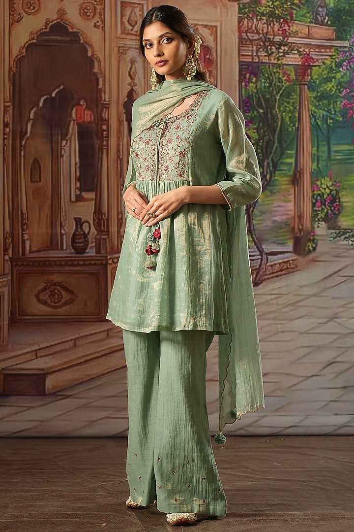 Aqua Handwoven Tissue Silk Embroidered Gathered Kurta Set by Karnya at Pernia's Pop Up Shop
