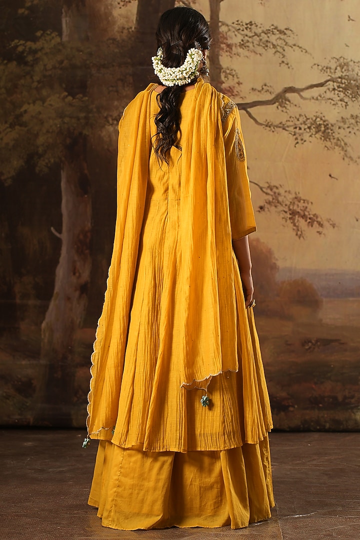 Mustard Handwoven Chanderi Silk Embroidered Party Wear Anarkali Set by Karnya at Pernia's Pop Up Shop