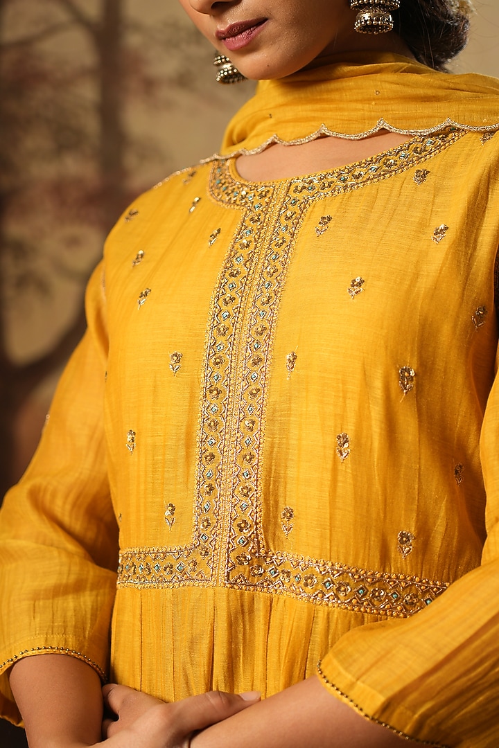 Mustard Handwoven Chanderi Silk Embroidered Party Wear Anarkali Set by Karnya at Pernia's Pop Up Shop