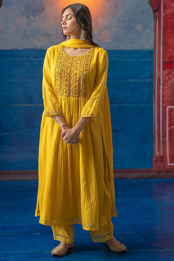 Sunshine Yellow Sequins Embroidered Kurta Set Design by Karnya at