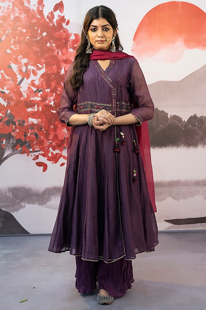 Wine Cotton Silk Sequin Embellished Angrakha Anarkali Set by Karnya