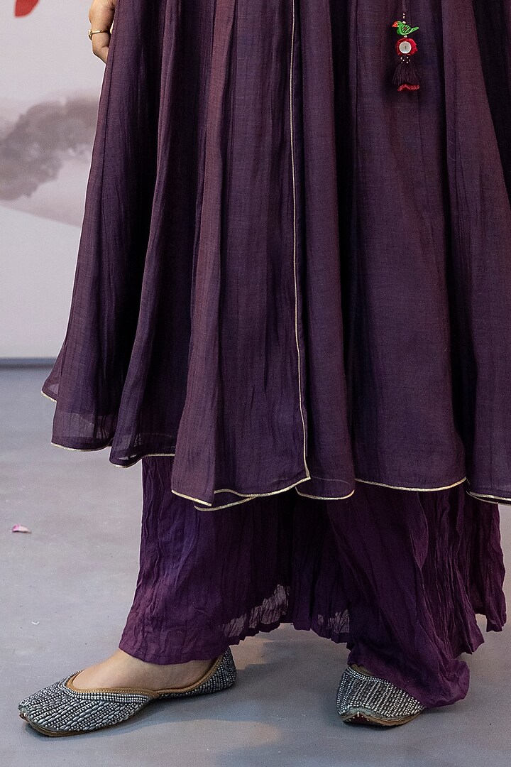 Wine Cotton Silk Sequin Embellished Angrakha Party Wear Anarkali Set by Karnya at Pernia's Pop Up Shop