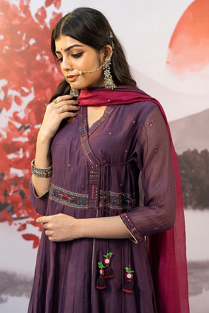 Wine Cotton Silk Sequin Embellished Angrakha Party Wear Anarkali Set by Karnya at Pernia's Pop Up Shop