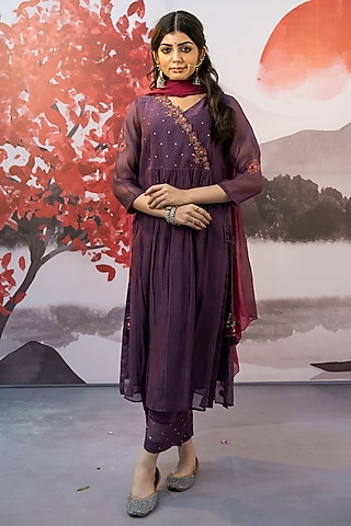 Wine Cotton Silk Sequin Embroidered Kurta Set by Karnya