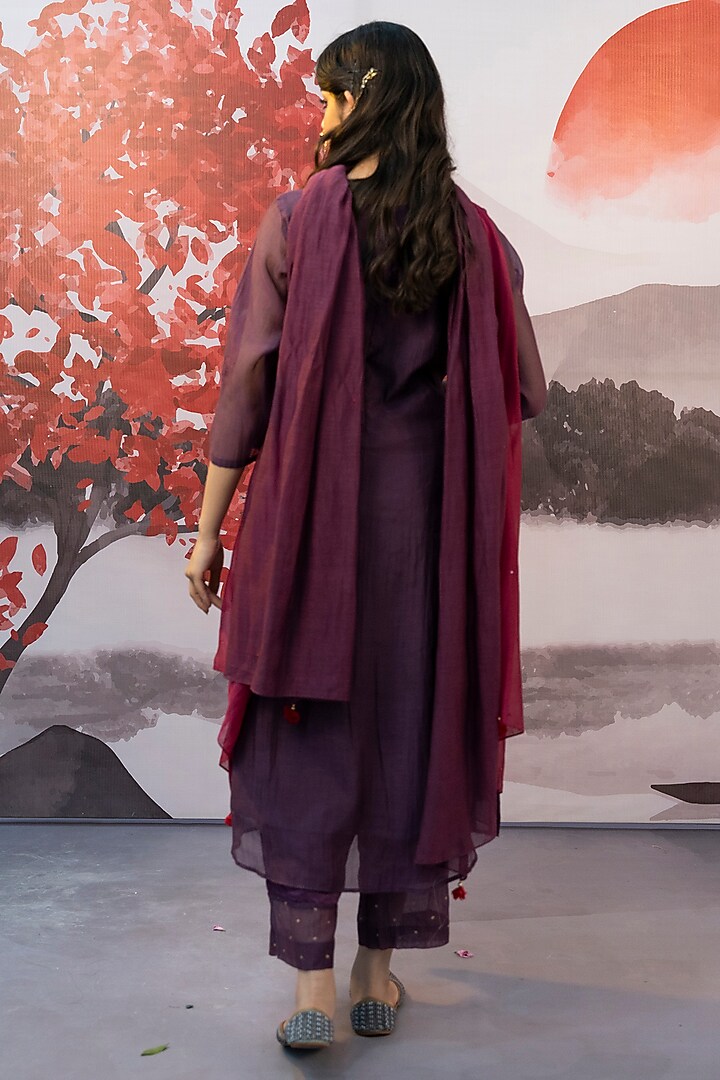 Wine Cotton Silk Sequin Embroidered Kurta Set by Karnya at Pernia's Pop Up Shop