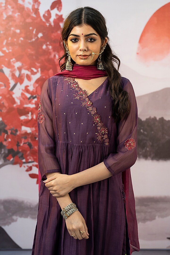 Wine Cotton Silk Sequin Embroidered Kurta Set by Karnya at Pernia's Pop Up Shop
