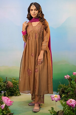 Dusty Brown Cotton Silk Zardosi Embroidered Kurta Set by Karnya
