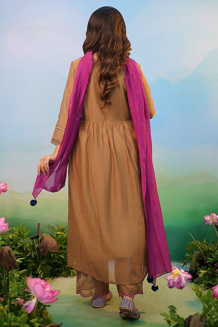 Dusty Brown Cotton Silk Zardosi Embroidered Kurta Set by Karnya at Pernia's Pop Up Shop