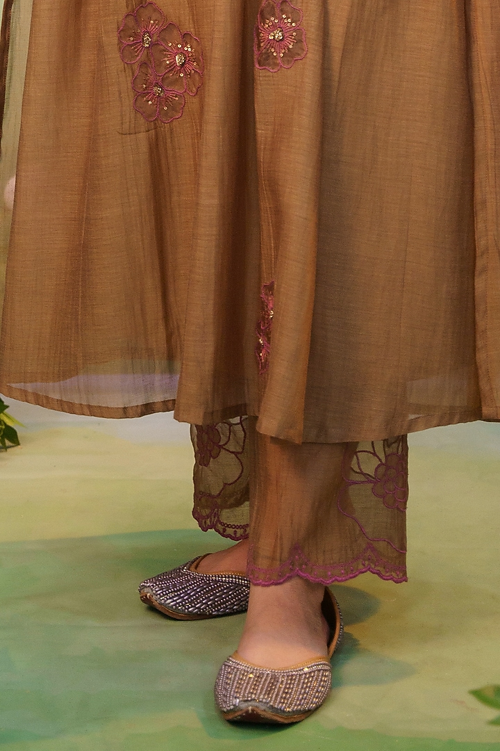 Dusty Brown Cotton Silk Zardosi Embroidered Kurta Set by Karnya at Pernia's Pop Up Shop