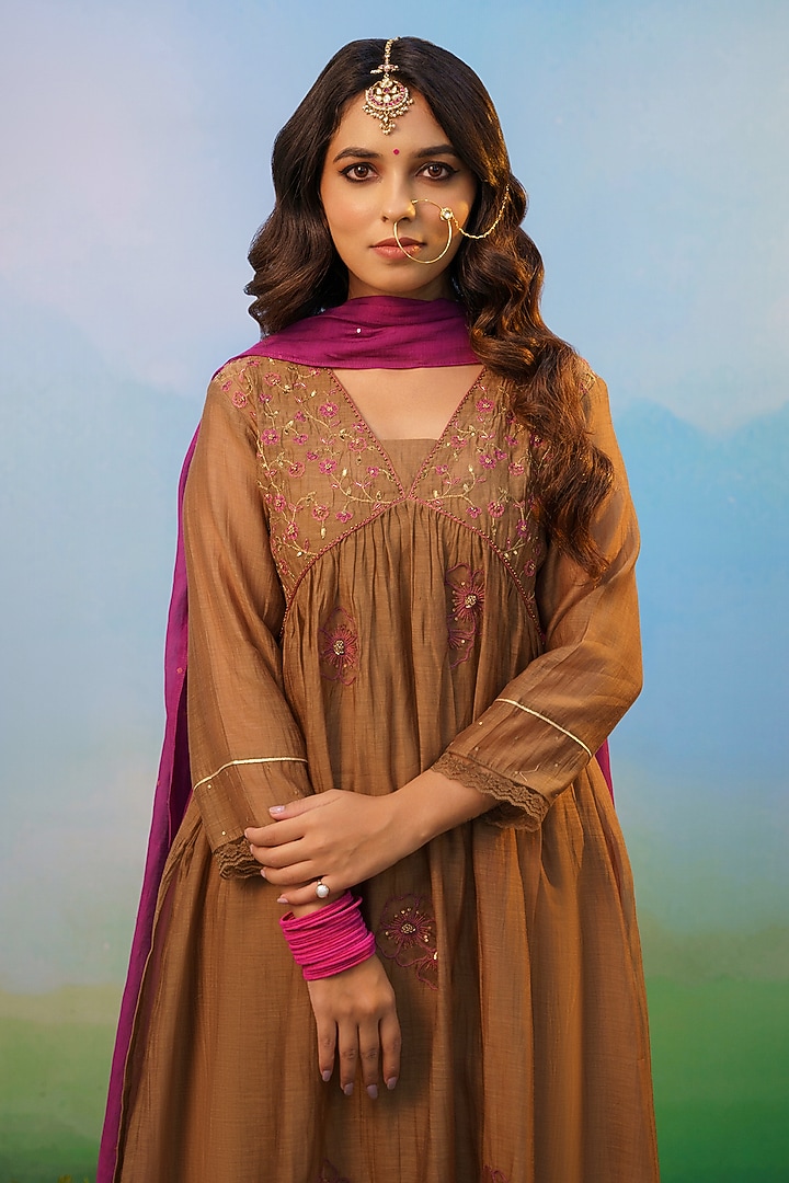 Dusty Brown Cotton Silk Zardosi Embroidered Kurta Set by Karnya at Pernia's Pop Up Shop