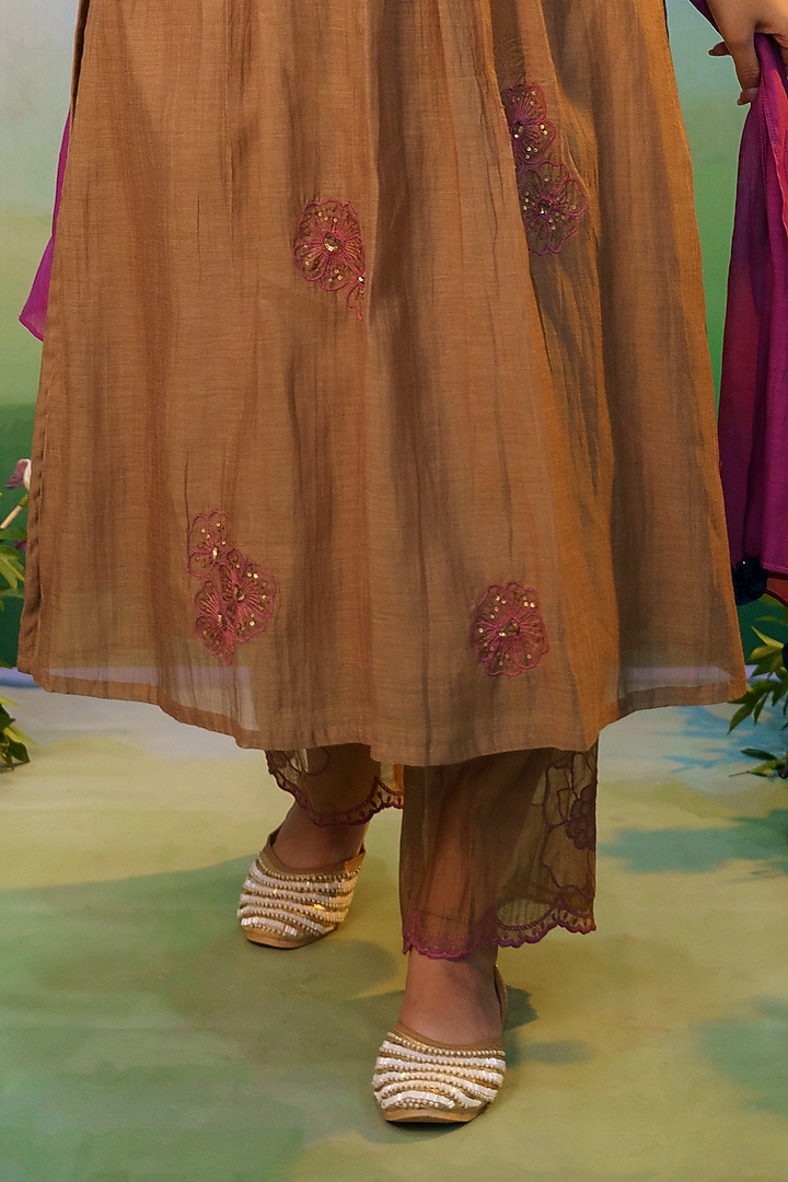 Dusty Brown Cotton Silk Thread Embroidered Party Wear Anarkali Set by Karnya at Pernia's Pop Up Shop