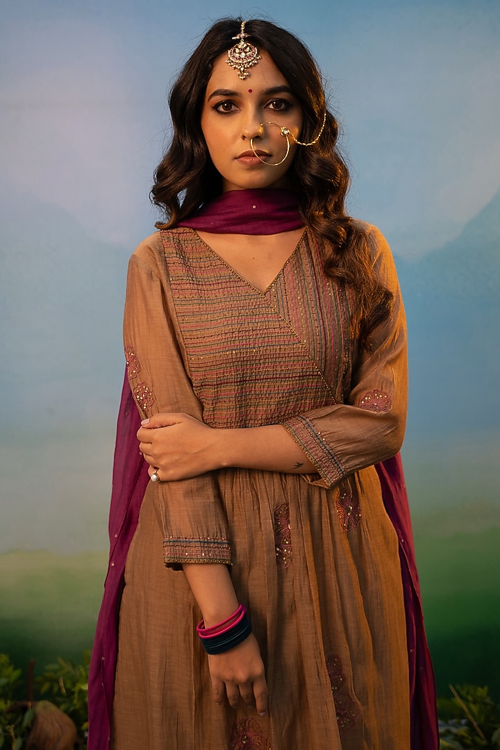 Dusty Brown Cotton Silk Thread Embroidered Party Wear Anarkali Set by Karnya at Pernia's Pop Up Shop