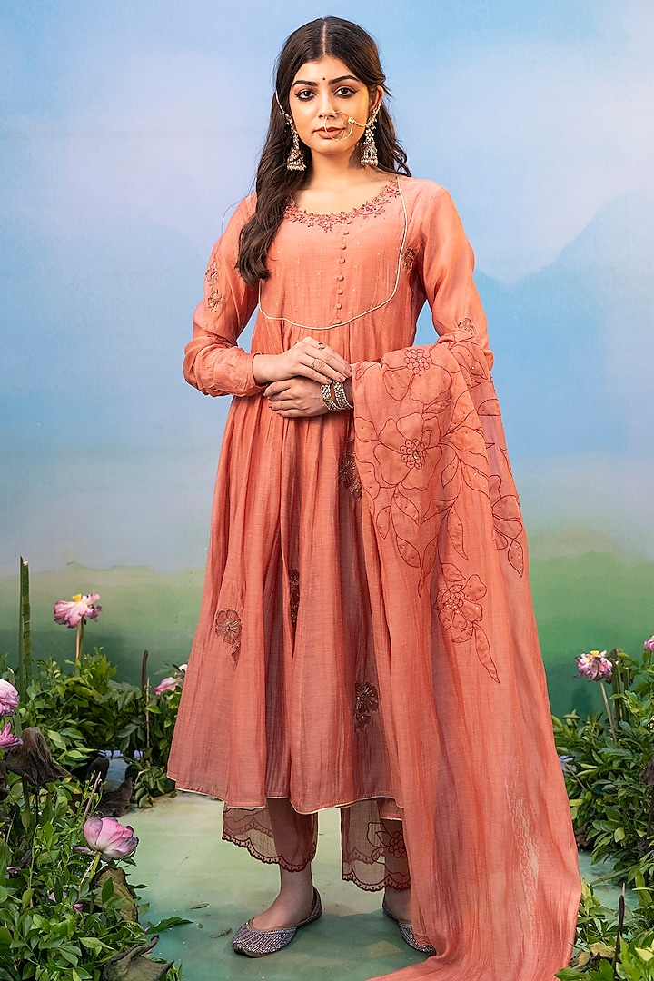 Dusty Brown Cotton Silk Embroidered Anarkali Set by Karnya