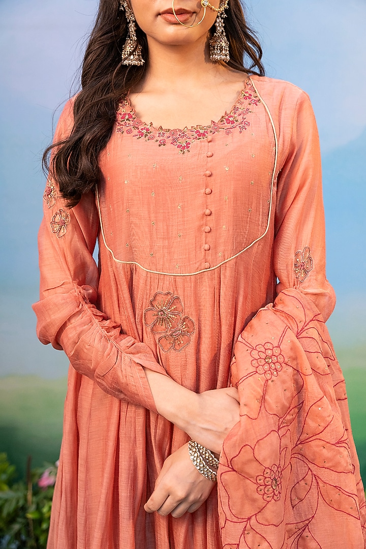 Dusty Brown Cotton Silk Embroidered Party Wear Anarkali Set by Karnya at Pernia's Pop Up Shop