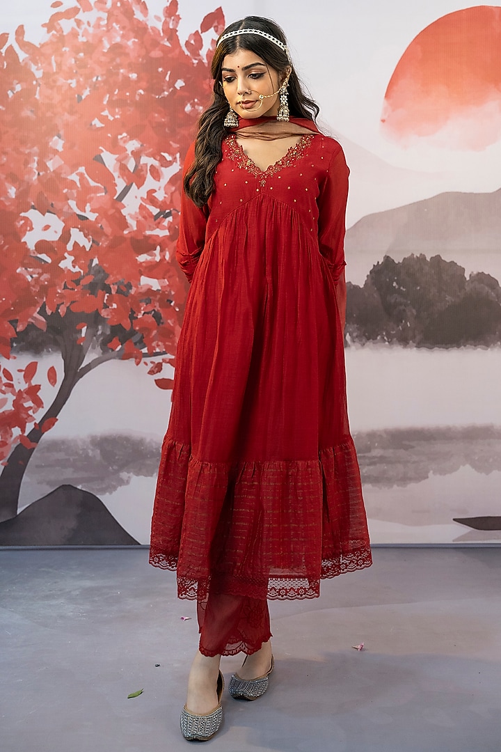 Red Cotton Silk Thread Embroidered Anarkali Set by Karnya