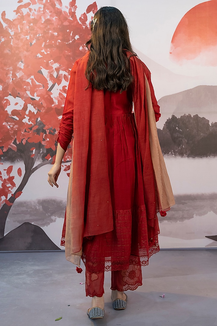 Red Cotton Silk Thread Embroidered Party Wear Anarkali Set by Karnya at Pernia's Pop Up Shop
