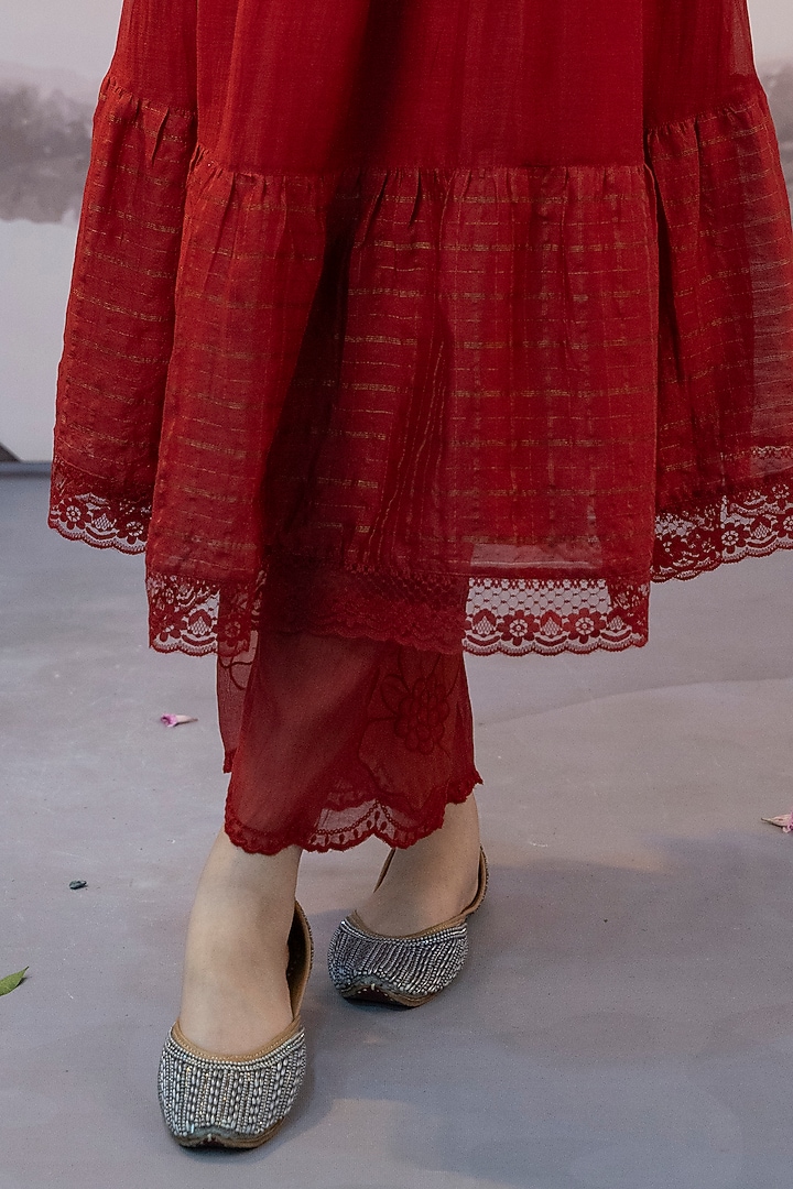 Red Cotton Silk Thread Embroidered Party Wear Anarkali Set by Karnya at Pernia's Pop Up Shop